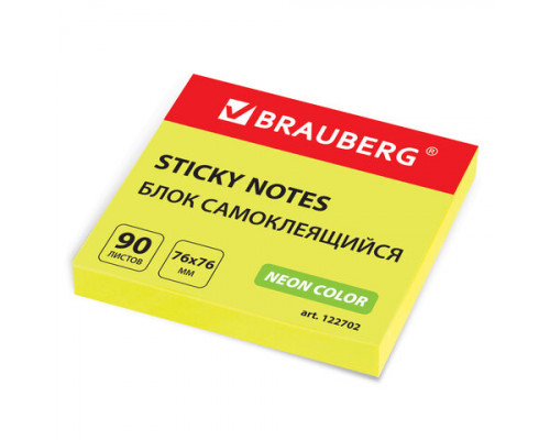 Блок самоклеящийся (стикеры), BRAUBERG, НЕОНОВЫЙ, 76х76 мм, 90 листов, желтый