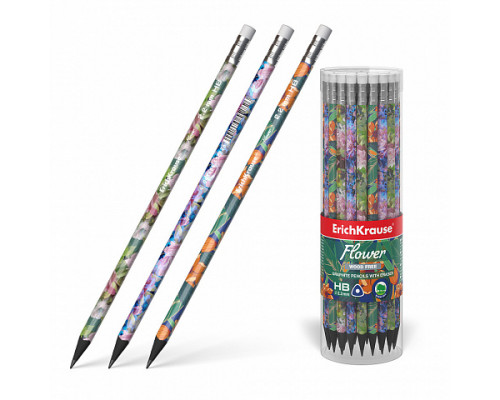 Чернографитный карандаш пластиковый ErichKrause Flower, трехгранный, с ластиком, HB