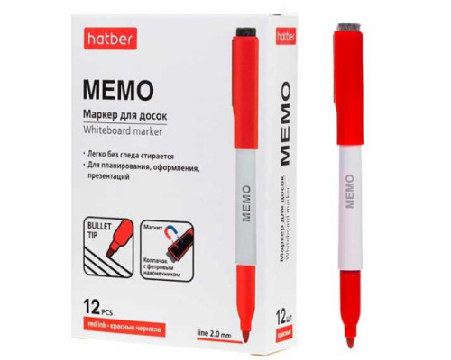 Маркер д/доски ХАТ "Memo"  красный,2мм,со стирателем