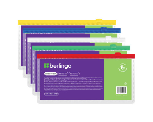 Папка-конверт на молнии Berlingo, 255*130мм, 150мкм, прозрачная, ассорти, для ж/д и авиа билетов