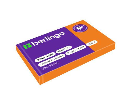 Самоклеящийся блок Berlingo "Ultra Sticky", 50*75мм, 80л, оранжевый неон