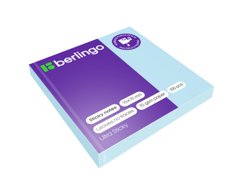 Самоклеящийся блок Berlingo "Ultra Sticky", 75*75мм, 100л, пастель, голубой