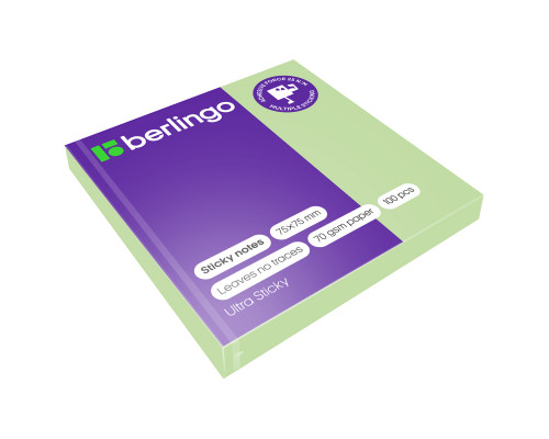 Самоклеящийся блок Berlingo "Ultra Sticky", 75*75мм, 100л, пастель, зеленый