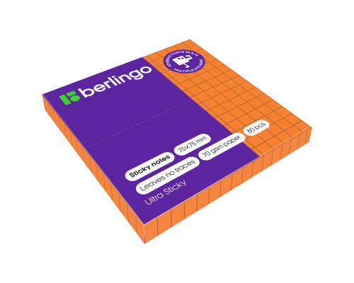 Самоклеящийся блок Berlingo "Ultra Sticky", 75*75мм, 80л., в клетку, оранжевый неон