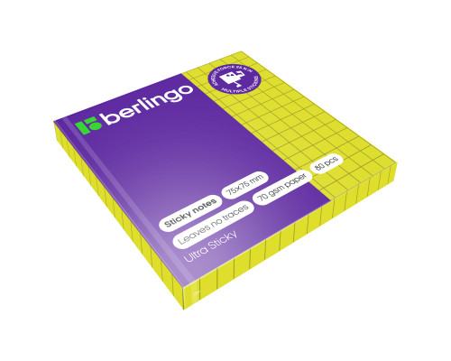 Самоклеящийся блок Berlingo "Ultra Sticky", 75*75мм, 80л., в клетку, зеленый неон