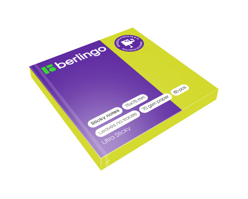 Самоклеящийся блок Berlingo "Ultra Sticky", 75*75мм, 80л, зеленый неон