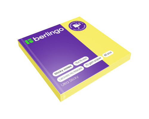 Самоклеящийся блок Berlingo "Ultra Sticky", 75*75мм, 80л, желтый неон