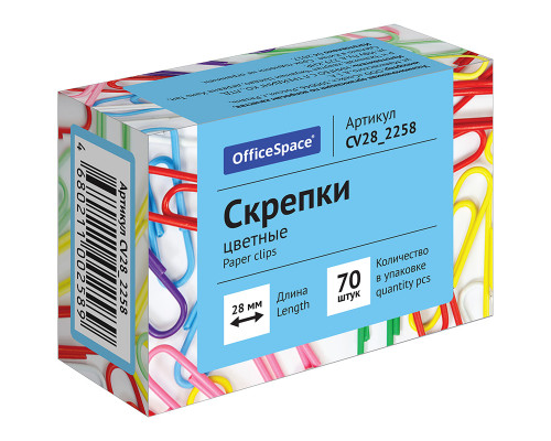 Скрепки офисные 28мм, 70шт. OfficeSpase цветные