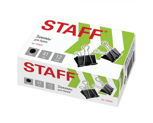 Зажимы д/бумаг STAFF 41 мм черные, 12 шт